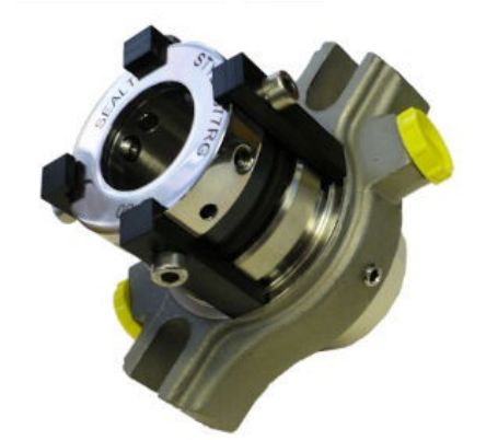 Double cartridge seal for hazardous or toxic media requiring a barrier fluid.