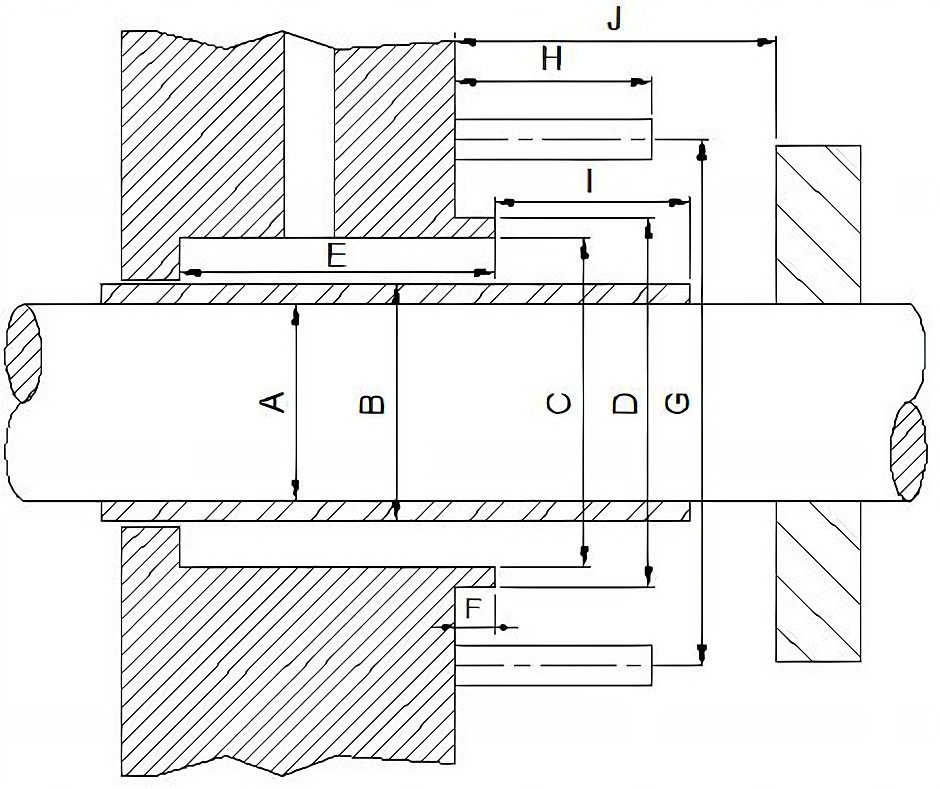 Sectional drawing of a seal installation showing the lettered dimension positions A to J